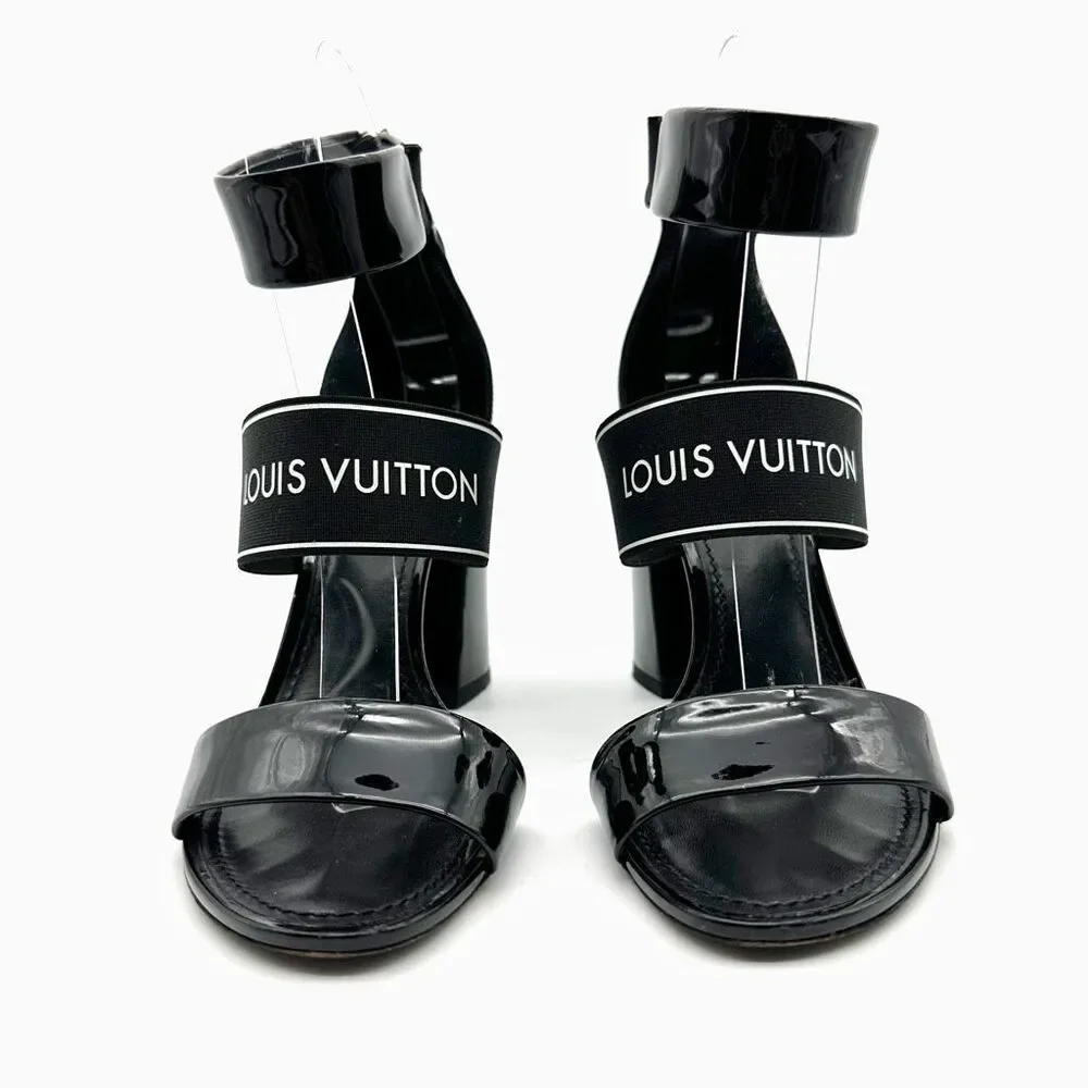 LOUIS VUITTON Trail Black Patent Leather Logo Sandal Size 37 Block Heel